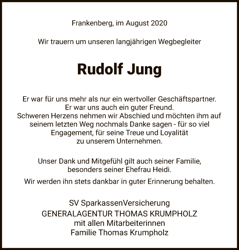  Traueranzeige für Rudolf Jung vom 20.08.2020 aus HNA