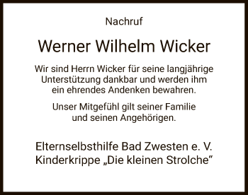 Todesanzeige von Werner Wilhelm Wicker von HNA