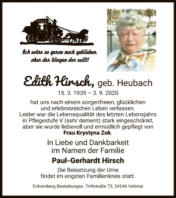Todesanzeige von Edith Hirsch von HNA