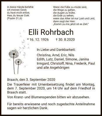 Todesanzeige von Elli Rohrbach von HNA