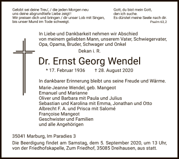 Todesanzeige von Ernst Georg Wendel von HNA