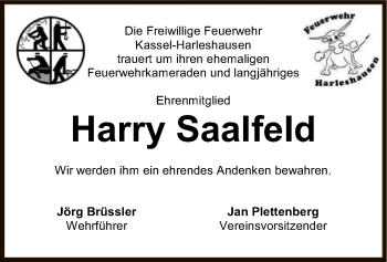 Todesanzeige von Harry Saalfeld von HNA