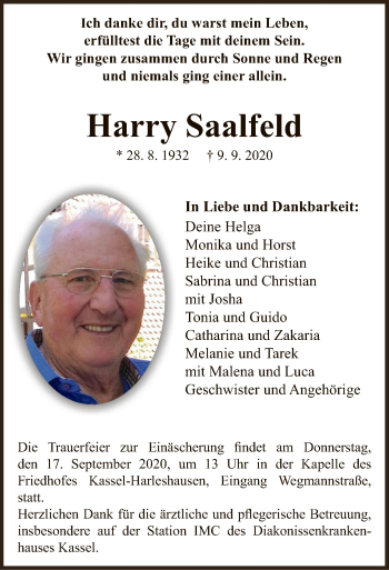Todesanzeige von Harry Saalfeld von HNA