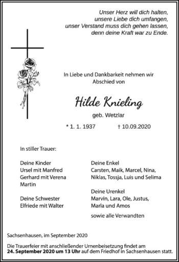 Todesanzeige von Hilde Knieling von HNA