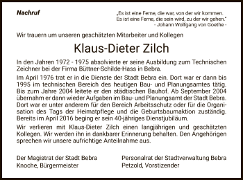 Todesanzeige von Klaus-Dieter Zilch von HNA