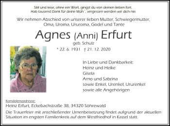 Todesanzeige von Agnes Erfurt von HNA