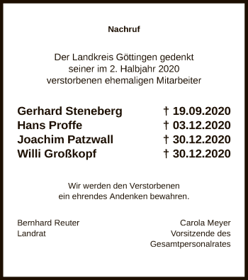 Todesanzeige von Der Landkreis Göttingen gedenkt von HNA