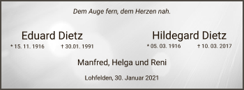 Todesanzeige von Eduard und Hildegard Dietz von HNA