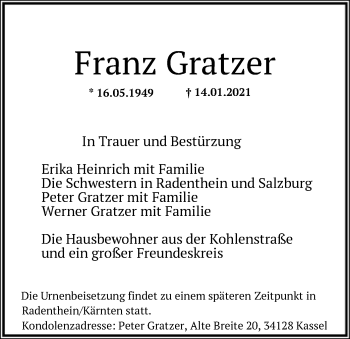 Todesanzeige von Franz Gratzer von HNA