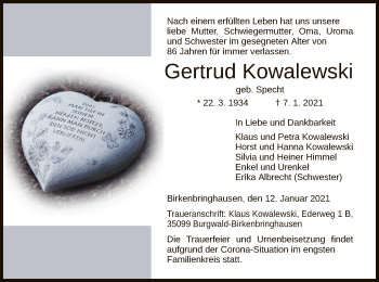 Todesanzeige von Gertrud Kowalewski von HNA