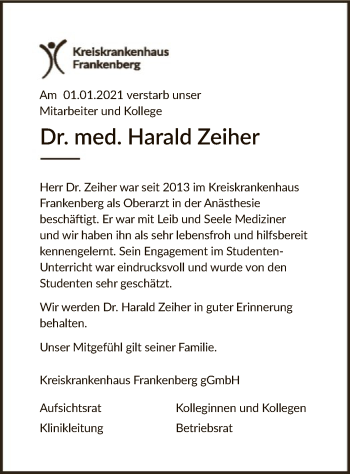 Todesanzeige von Harald Zeiher von HNA