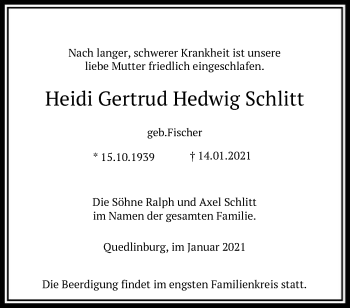 Todesanzeige von Heidi Gertrud Hedwig Schlitt von HNA