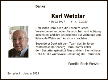Todesanzeige von Karl Wetzlar von HNA