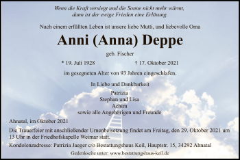 Todesanzeige von Anni  Deppe von HNA
