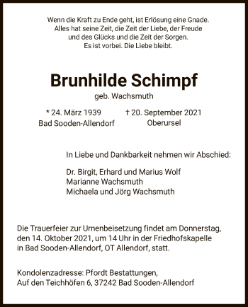 Todesanzeige von Brunhilde Schimpf von HNA