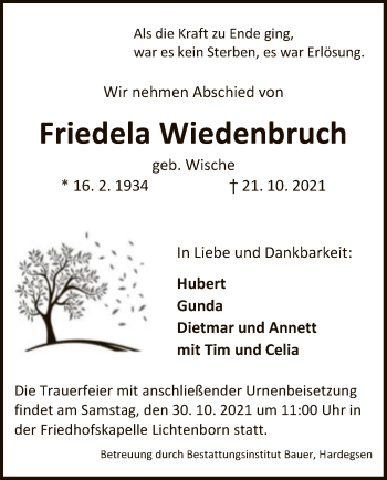 Todesanzeige von Friedela Wiedenbruch von HNA
