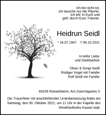 Todesanzeige von Heidrun Seidl von HNA