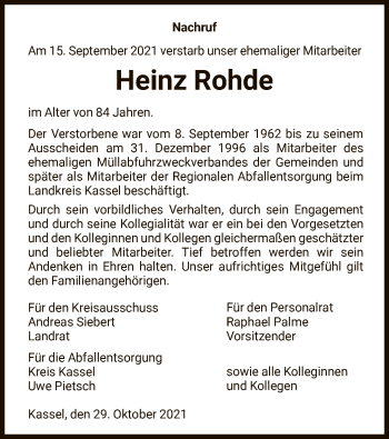 Todesanzeige von Heinz Rohde von HNA
