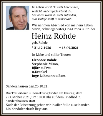 Todesanzeige von Heinz Rohde von HNA
