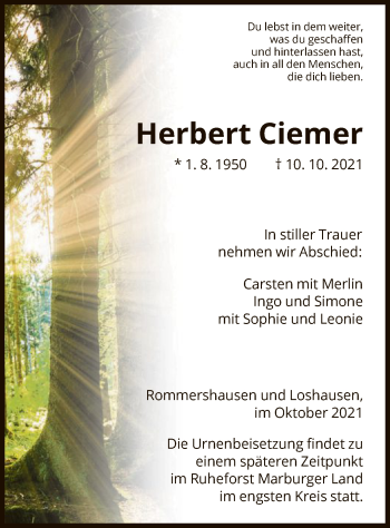 Todesanzeige von Herbert Ciemer von HNA