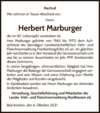 Todesanzeige von Herbert Marburger von HNA