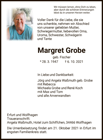 Todesanzeige von Margret Grobe von HNA