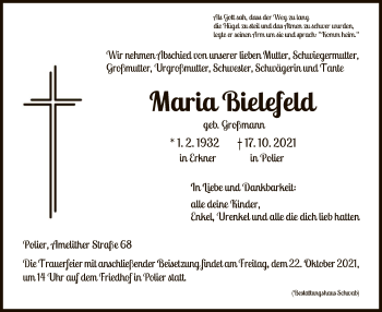 Todesanzeige von Maria Bielefeld von HNA