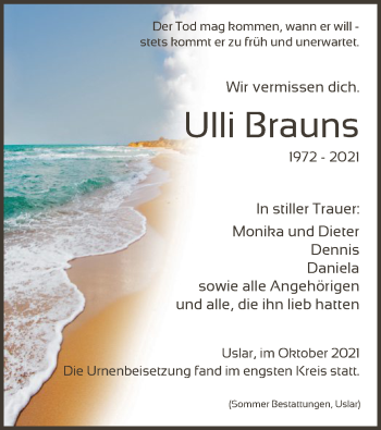 Todesanzeige von Ulli Brauns von HNA