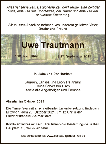 Todesanzeige von Uwe Trautmann von HNA