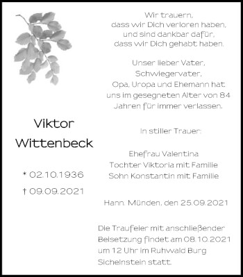 Todesanzeige von Viktor Wittenbeck von HNA