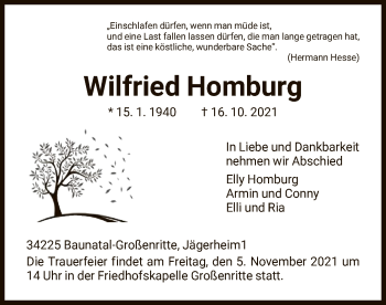 Todesanzeige von Wilfried Homburg von HNA