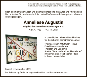 Todesanzeige von Anneliese Augustin von HNA
