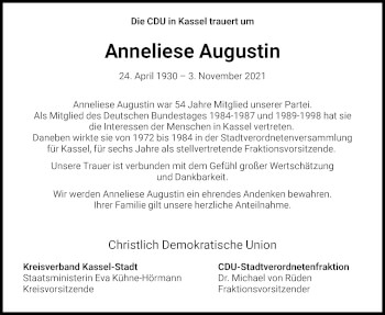 Todesanzeige von Anneliese Augustin von HNA