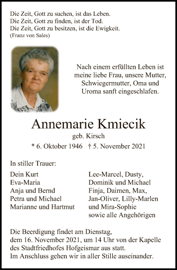 Todesanzeige von Annemarie Kmiecik von HNA