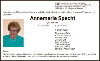 Todesanzeige von Annemarie Specht von HNA