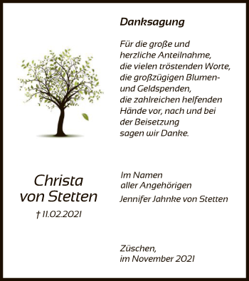 Todesanzeige von Christa von Stetten von HNA