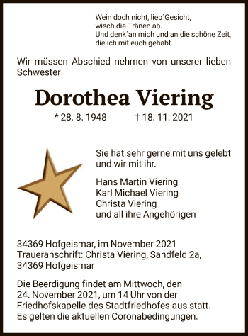 Todesanzeige von Dorothea Viering von HNA
