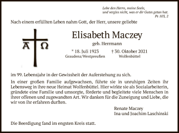Todesanzeige von Elisabeth Maczey von HNA