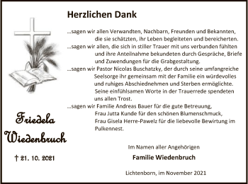 Todesanzeige von Friedela Wiedenbruch von HNA