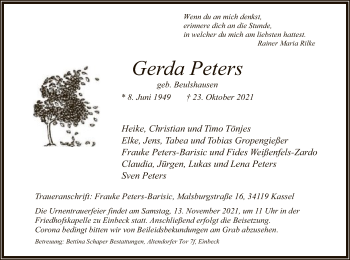 Todesanzeige von Gerda Peters von HNA