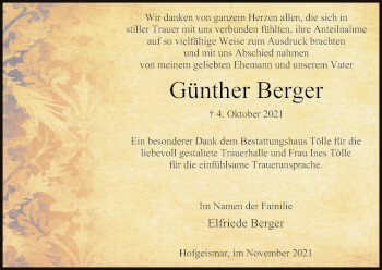 Todesanzeige von Günther Berger von HNA