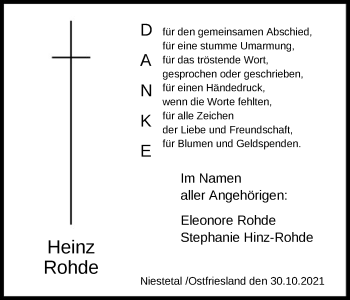 Todesanzeige von Heinz Rohde von HNA