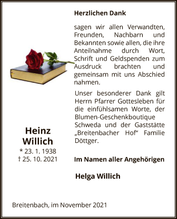 Todesanzeige von Heinz Willich von HNA