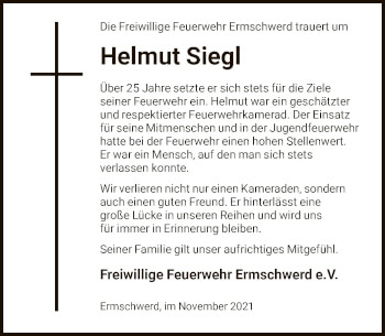 Todesanzeige von Helmut Siegl von HNA