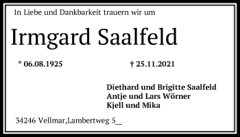 Todesanzeige von Irmgard Saalfeld von HNA
