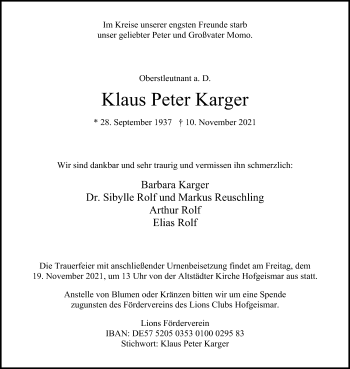 Todesanzeige von Klaus Peter Karger von HNA