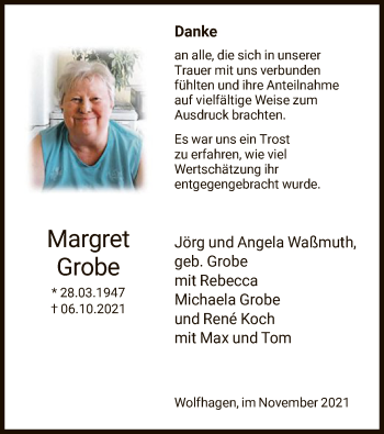 Todesanzeige von Margret Grobe von HNA