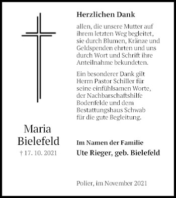 Todesanzeige von Maria Bielefeld von HNA