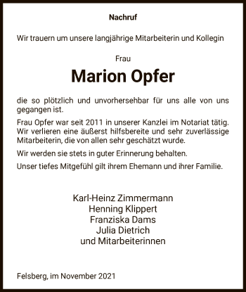 Todesanzeige von Marion Opfer von HNA