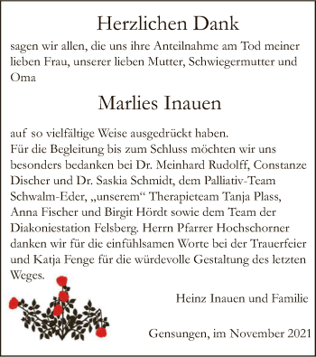 Todesanzeige von Marlies Inauen von HNA